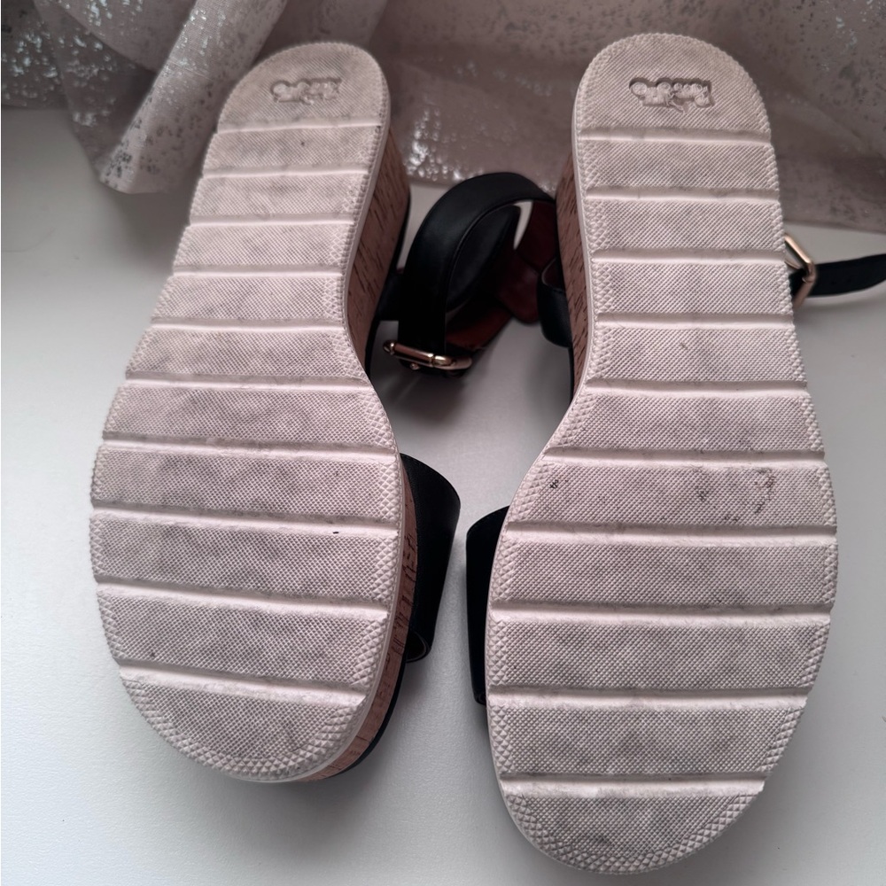 Coach Black Leather Cork Platform Sandals with Gold-Tone Buckle - Picture 3 of 5